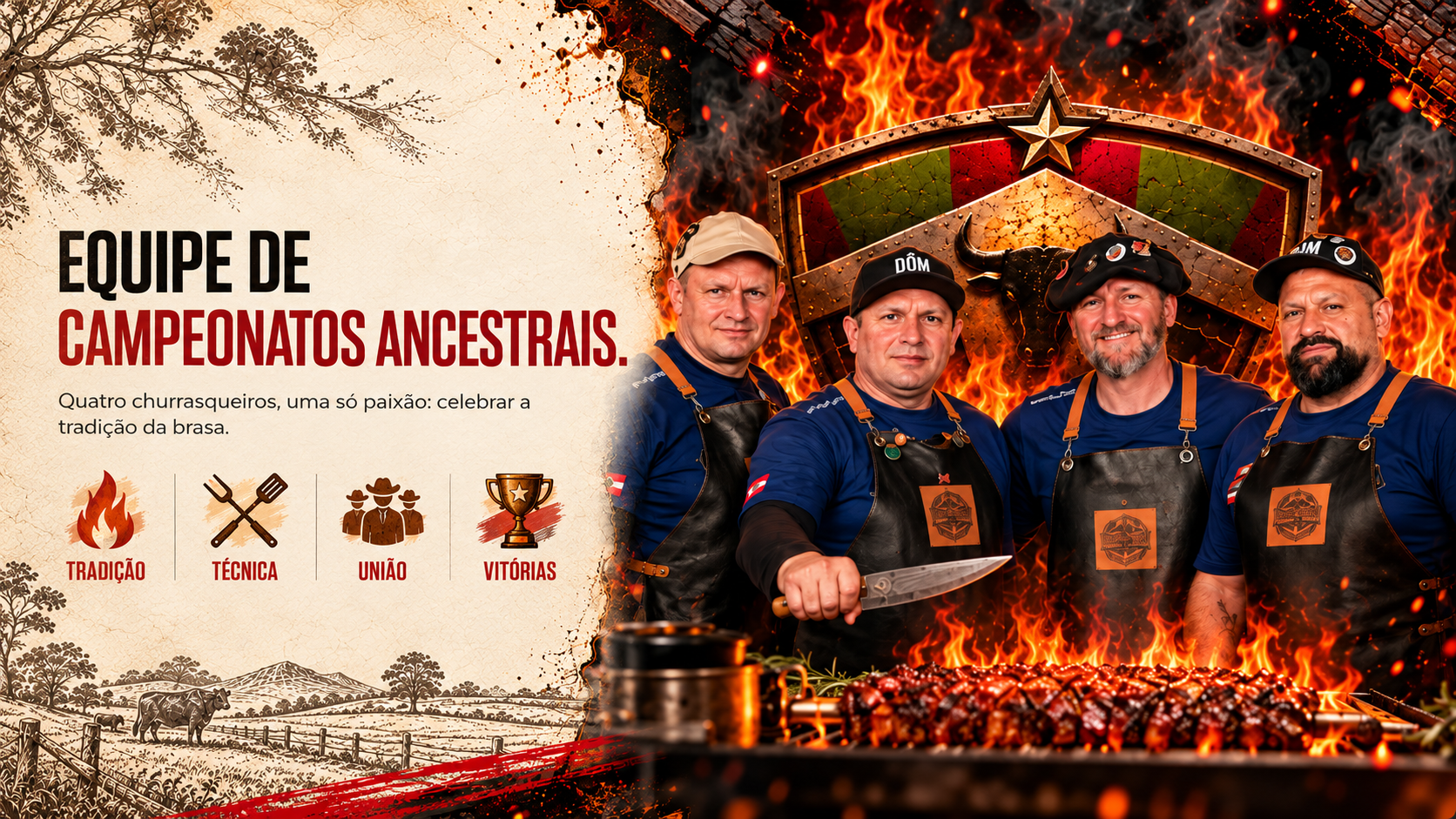 Banner da equipe com quatro churrasqueiros diante do fogo, da fazenda ilustrada e dos valores tradição, técnica, união e vitórias.