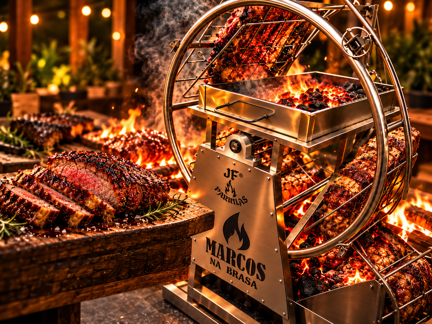 Máquina rotativa assando cortes de carne sobre brasas vivas, com fumaça e iluminação quente.